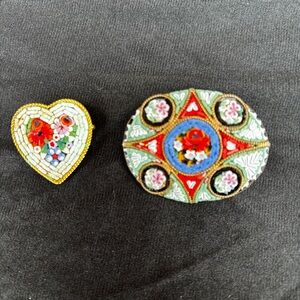 Vintage Italian Micro Mosaic Floral Brooch Pins Multi Color 2 Pc
